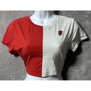 Orange Kiss Rose Crop Top Women's L Red White Colorblock Y2K Aesthetic Tee
